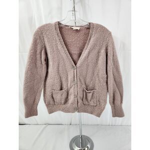 Two‎ by Vince Camuto Mauve Pink Fuzzy Eyelash Knit V-Neck Button Cardigan XS
